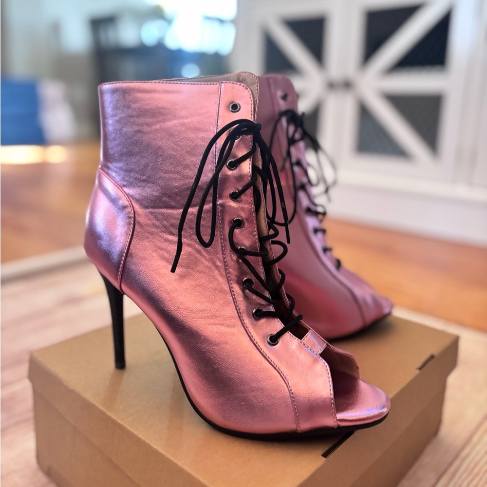 Pink Lace-Up Peep Toe Heeled Boots